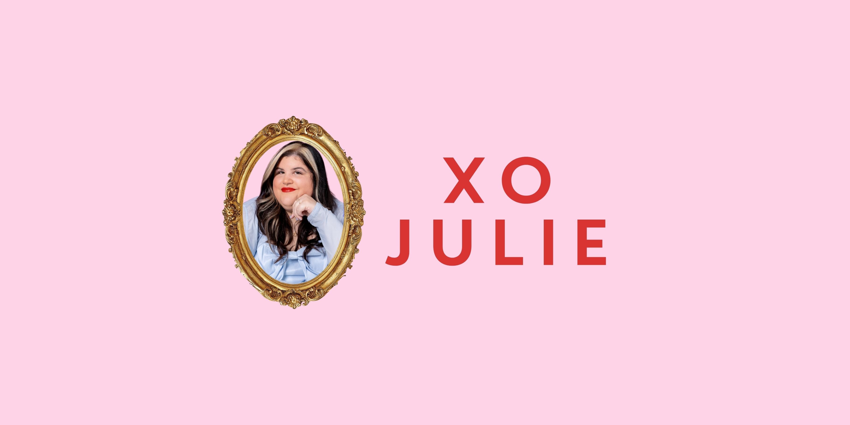 Logo with a portrait in an oval frame and 'XO JULIE' text on a pink background